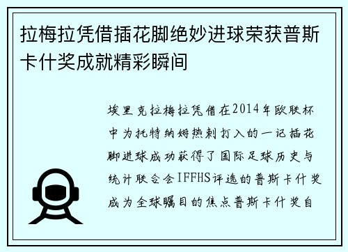 拉梅拉凭借插花脚绝妙进球荣获普斯卡什奖成就精彩瞬间