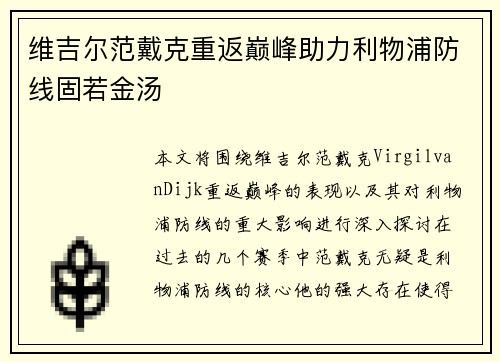 维吉尔范戴克重返巅峰助力利物浦防线固若金汤