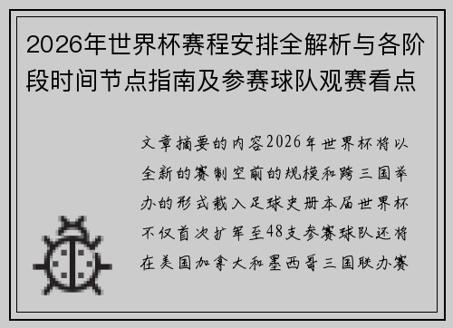 2026年世界杯赛程安排全解析与各阶段时间节点指南及参赛球队观赛看点